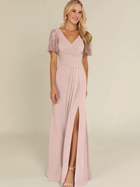 Bridal Mother Dress V-Neck Short Sleeves Sheath Beaded Guest Dresses For Wedding