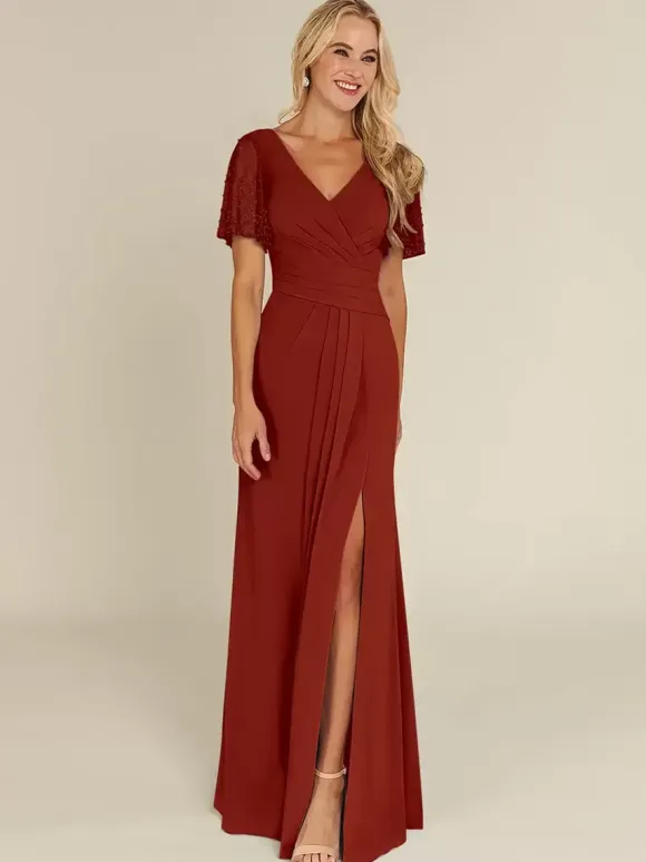 Bridal Mother Dress V-Neck Short Sleeves Sheath Beaded Guest Dresses For Wedding