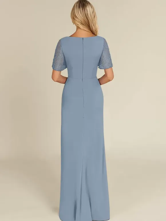 Bridal Mother Dress V-Neck Short Sleeves Sheath Beaded Guest Dresses For Wedding
