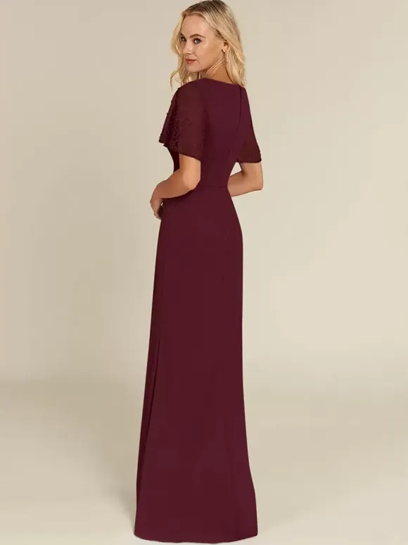 Bridal Mother Dress V-Neck Short Sleeves Sheath Beaded Guest Dresses For Wedding