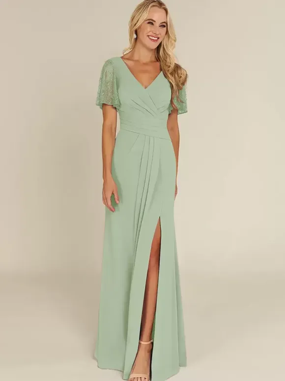 Bridal Mother Dress V-Neck Short Sleeves Sheath Beaded Guest Dresses For Wedding