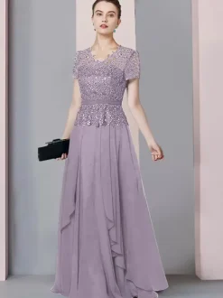 Bridal Mother Dress V-Neck Short Sleeves A-Line Lace Floor-Length Wedding Guest Dresses Free Customization