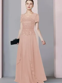 Bridal Mother Dress V-Neck Short Sleeves A-Line Lace Floor-Length Wedding Guest Dresses Free Customization