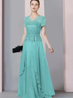 Bridal Mother Dress V-Neck Short Sleeves A-Line Lace Floor-Length Wedding Guest Dresses Free Customization