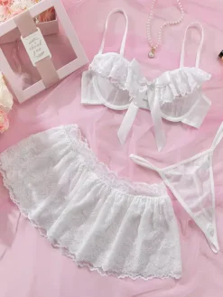 Bridal 3-Piece Lingerie Lace White Bra Panty Sets