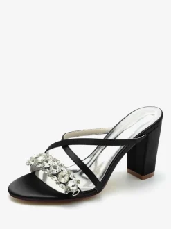 Bridal Sandals Deep Blue Satin Chic Open Toe Rhinestones Wedding Sandals
