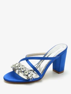 Bridal Sandals Deep Blue Satin Chic Open Toe Rhinestones Wedding Sandals