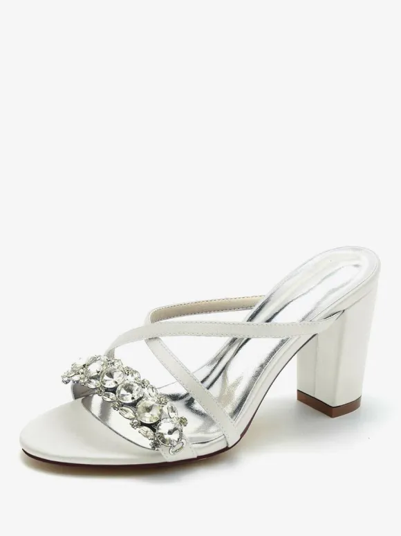 Bridal Sandals Deep Blue Satin Chic Open Toe Rhinestones Wedding Sandals