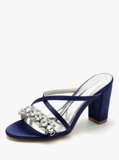 Bridal Sandals Deep Blue Satin Chic Open Toe Rhinestones Wedding Sandals