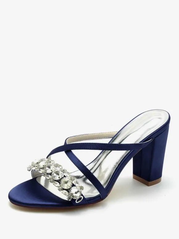 Bridal Sandals Deep Blue Satin Chic Open Toe Rhinestones Wedding Sandals