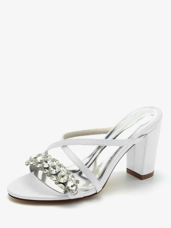 Bridal Sandals Deep Blue Satin Chic Open Toe Rhinestones Wedding Sandals