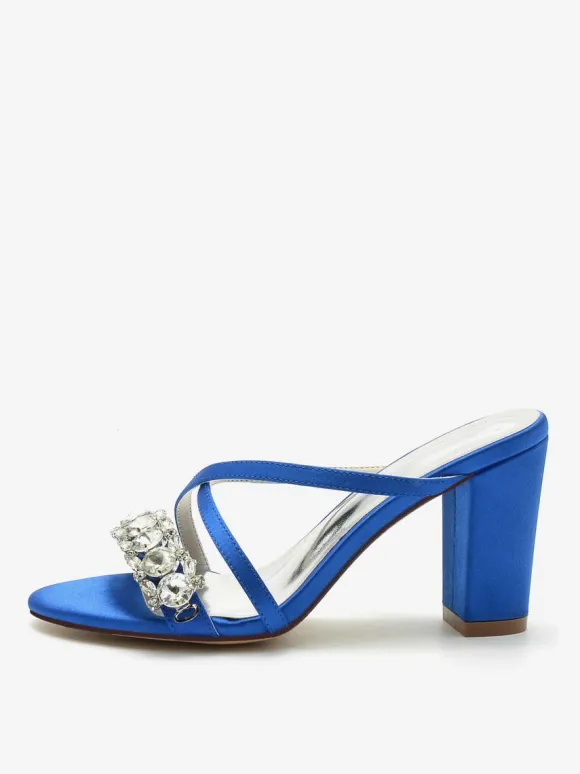 Bridal Sandals Deep Blue Satin Chic Open Toe Rhinestones Wedding Sandals