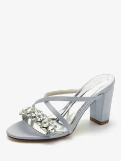 Bridal Sandals Deep Blue Satin Chic Open Toe Rhinestones Wedding Sandals