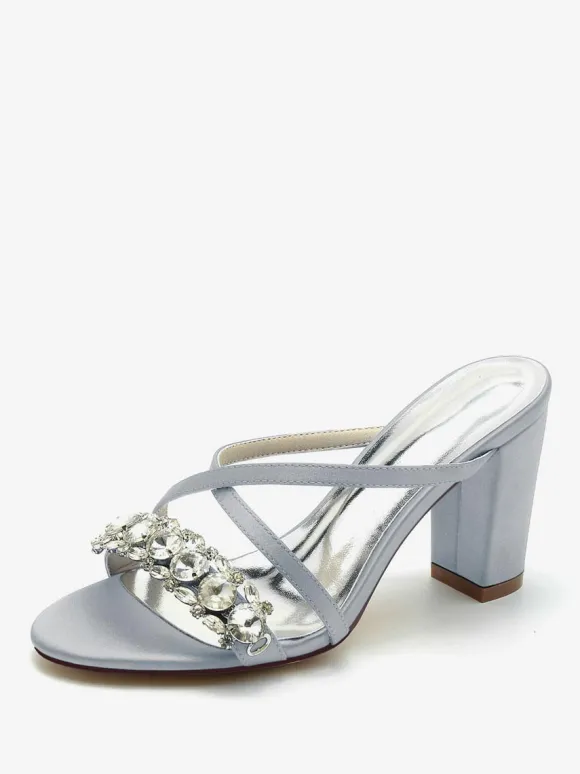 Bridal Sandals Deep Blue Satin Chic Open Toe Rhinestones Wedding Sandals