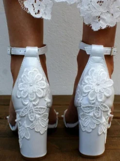 Bridal Sandals White PU Leather Chic Open Toe Embroidered Wedding Sandals
