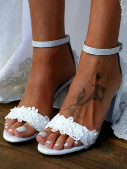 Bridal Sandals White PU Leather Chic Open Toe Embroidered Wedding Sandals