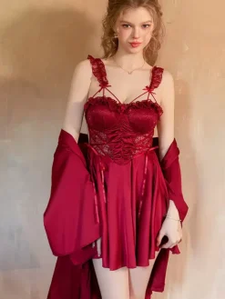 Bridal Babydolls Lingerie Women White Lace Backless Satin Nightgown