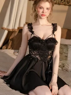 Bridal Babydolls Lingerie Women White Lace Backless Satin Nightgown