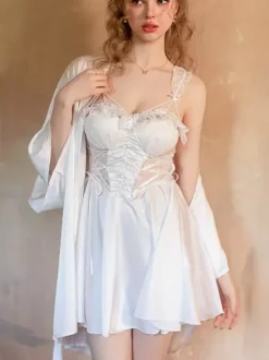 Bridal Babydolls Lingerie Women White Lace Backless Satin Nightgown