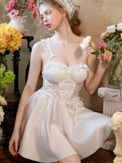 Bridal Babydolls Lingerie Women White Lace Backless Satin Nightgown