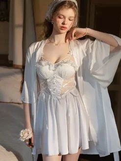 Bridal Babydolls Lingerie Women White Lace Backless Satin Nightgown