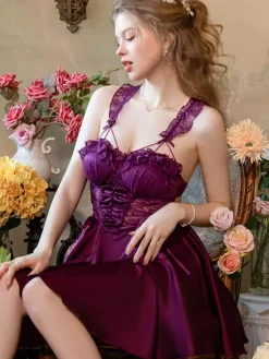 Bridal Babydolls Lingerie Women White Lace Backless Satin Nightgown