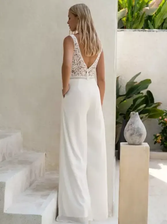 Bridal Jumpsuit Chiffon Cut Out Floor-Length Jumpsuit V-Neck Sleeveless Natural Waist White