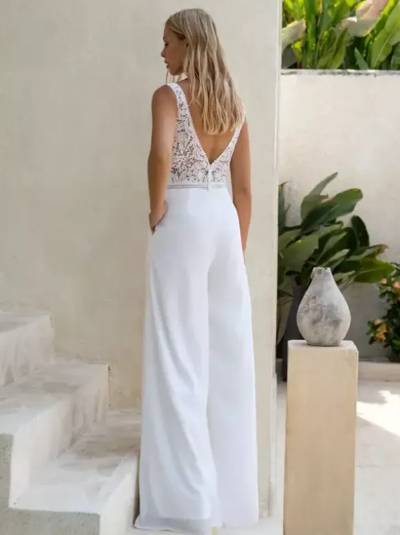 Bridal Jumpsuit Chiffon Cut Out Floor-Length Jumpsuit V-Neck Sleeveless Natural Waist White