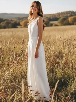 Bridal Jumpsuit Chiffon Floor-Length Jumpsuit V-Neck Sleeveless Natural Waist Ivory