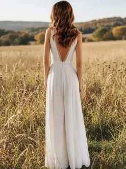 Bridal Jumpsuit Chiffon Floor-Length Jumpsuit V-Neck Sleeveless Natural Waist Ivory