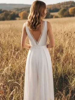 Bridal Jumpsuit Chiffon Floor-Length Jumpsuit V-Neck Sleeveless Natural Waist Ivory