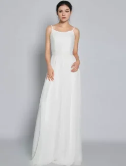 Bridal Jumpsuit Chiffon Floor-Length Jumpsuit Jewel Neck Sleeveless Spaghetti Straps Ivory