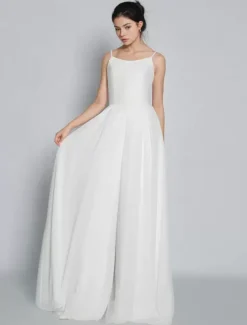 Bridal Jumpsuit Chiffon Floor-Length Jumpsuit Jewel Neck Sleeveless Spaghetti Straps Ivory