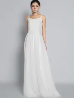 Bridal Jumpsuit Chiffon Floor-Length Jumpsuit Jewel Neck Sleeveless Spaghetti Straps Ivory