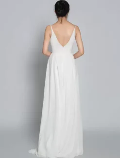 Bridal Jumpsuit Chiffon Floor-Length Jumpsuit Jewel Neck Sleeveless Spaghetti Straps Ivory