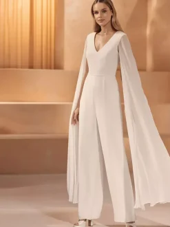 Bridal Jumpsuit Chiffon Floor-Length Jumpsuit V-Neck Sleeveless Natural Waist Ivory