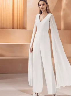 Bridal Jumpsuit Chiffon Floor-Length Jumpsuit V-Neck Sleeveless Natural Waist Ivory