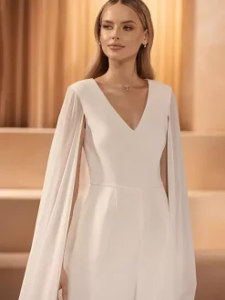 Bridal Jumpsuit Chiffon Floor-Length Jumpsuit V-Neck Sleeveless Natural Waist Ivory
