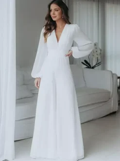 Bridal Jumpsuit Chiffon Floor-Length Jumpsuit V-Neck Long Sleeves Natural Waist Ivory