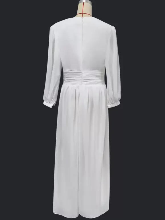 Bridal Jumpsuit Chiffon Floor-Length Jumpsuit V-Neck Long Sleeves Natural Waist Ivory