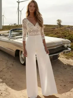 Bridal Jumpsuit Chiffon Lace Floor-Length Jumpsuit V-Neck 3/4 Length Sleeves Natural Waist White