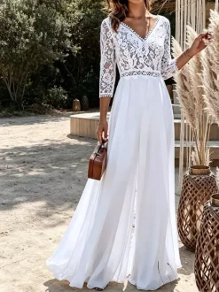 Bridal Jumpsuit Chiffon Lace Floor-Length Jumpsuit V-Neck 3/4 Length Sleeves Natural Waist Ivory