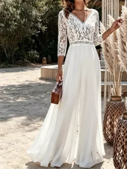Bridal Jumpsuit Chiffon Lace Floor-Length Jumpsuit V-Neck 3/4 Length Sleeves Natural Waist Ivory