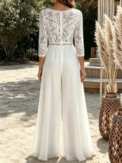 Bridal Jumpsuit Chiffon Lace Floor-Length Jumpsuit V-Neck 3/4 Length Sleeves Natural Waist Ivory