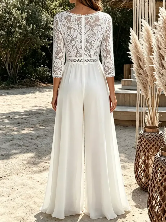 Bridal Jumpsuit Chiffon Lace Floor-Length Jumpsuit V-Neck 3/4 Length Sleeves Natural Waist Ivory