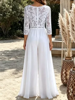 Bridal Jumpsuit Chiffon Lace Floor-Length Jumpsuit V-Neck 3/4 Length Sleeves Natural Waist Ivory