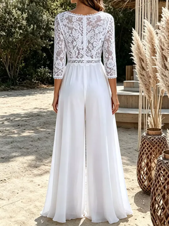 Bridal Jumpsuit Chiffon Lace Floor-Length Jumpsuit V-Neck 3/4 Length Sleeves Natural Waist Ivory