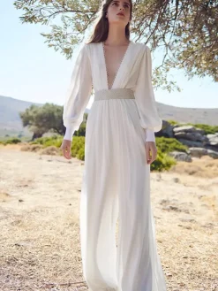 Bridal Jumpsuit Chiffon Pleated Floor-Length Jumpsuit V-Neck Long Sleeves Natural Waist Ivory