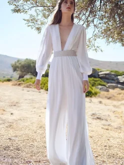 Bridal Jumpsuit Chiffon Pleated Floor-Length Jumpsuit V-Neck Long Sleeves Natural Waist Ivory