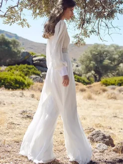 Bridal Jumpsuit Chiffon Pleated Floor-Length Jumpsuit V-Neck Long Sleeves Natural Waist Ivory
